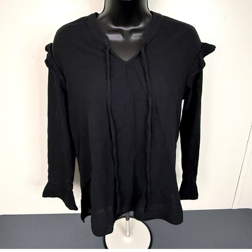 Bonnie Alex Blouse Womens 55 Black Ruffle Shoulder Tie Neck Long Sleeve Top